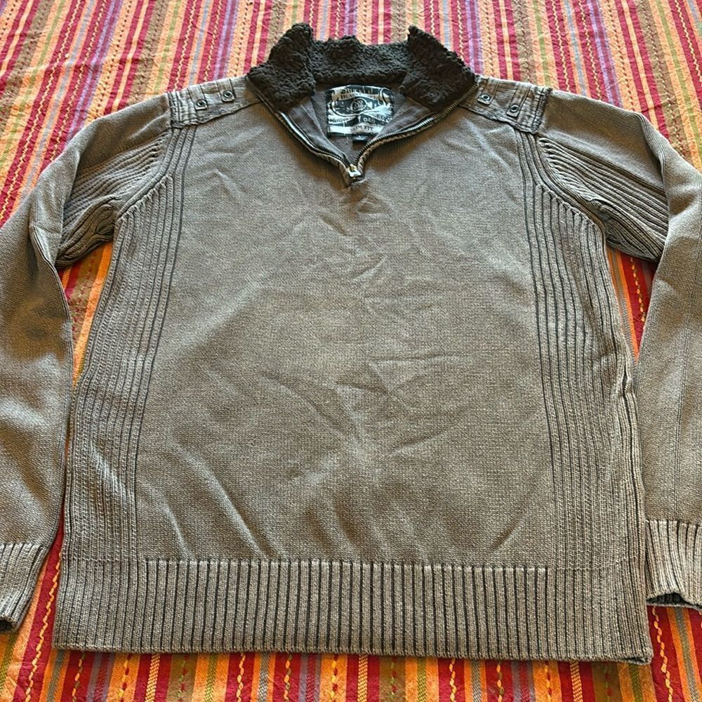 Men's Buckle Black Label 1/4 Zip Brown Sweater Slim Fit L Weathered